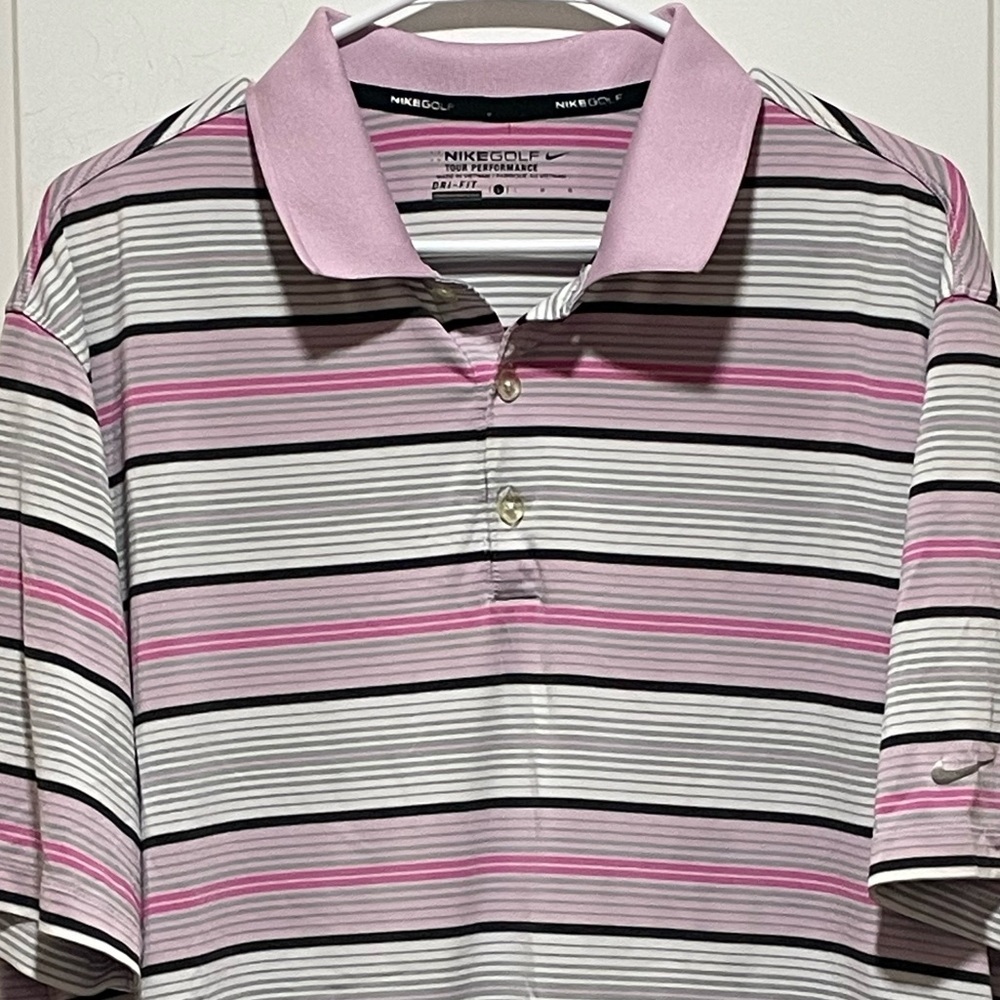 Nike Golf Tour Performance Dri-FIT Sz Large Pink White Black Stripe Sporty Polo - Picture 2 of 7